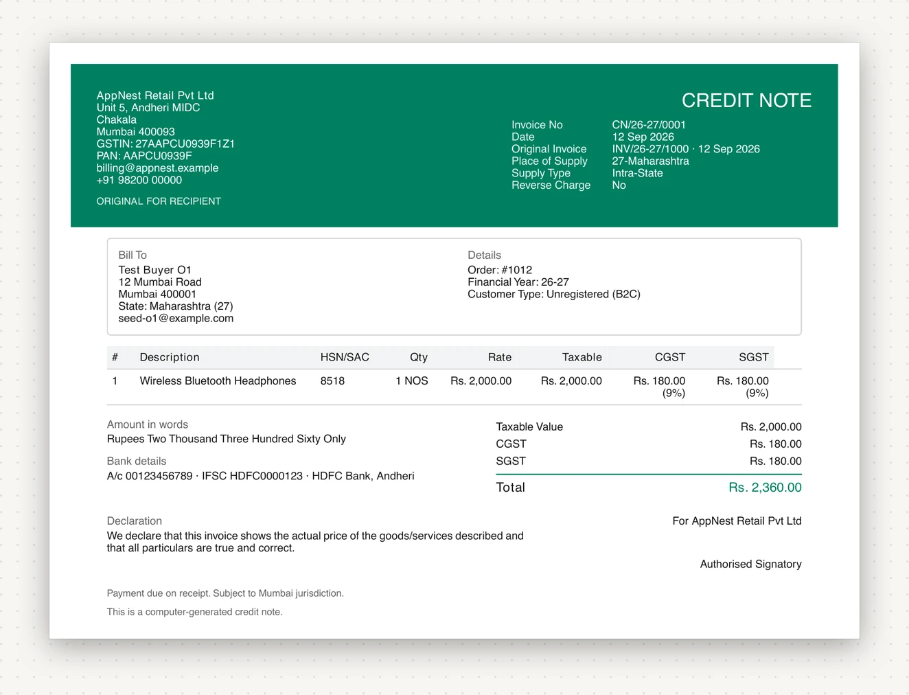A GST credit note generated by BillNest, numbered CN/26-27/0001, referencing original invoice INV/26-27/1000 of the same date, for one line of wireless headphones at 2,000 taxable with CGST 180 and SGST 180 and a total of 2,360