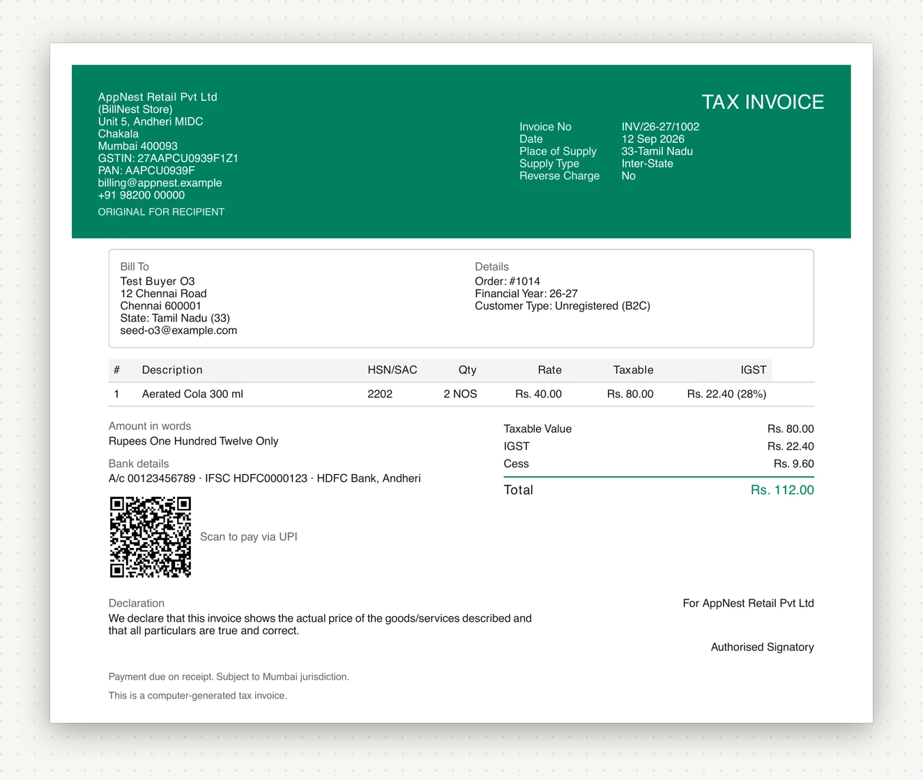A GST tax invoice, place of supply 33-Tamil Nadu, supply type inter-state, one line of aerated cola at HSN 2202 taxed at 28 percent IGST of 22.40 with cess of 9.60 and a total of 112