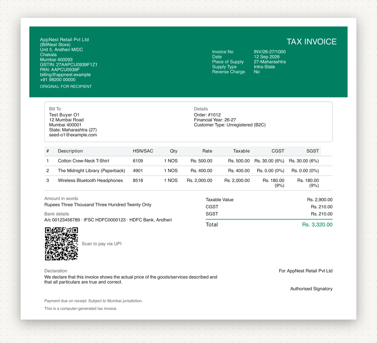 A GST tax invoice, place of supply 27-Maharashtra, supply type intra-state, with taxable value 2,900 and the tax shown as CGST 210 and SGST 210 on separate lines