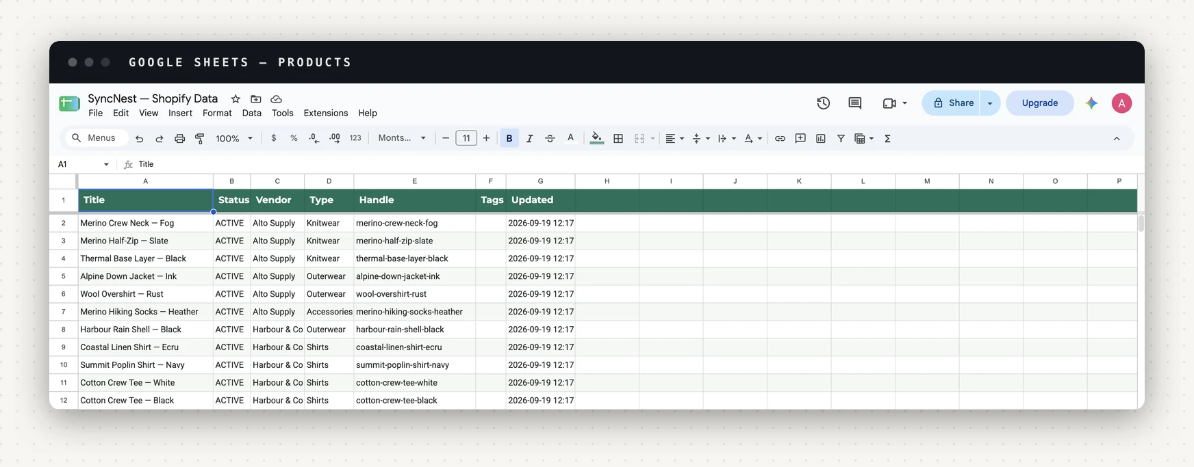 A Google Sheet of Shopify products with a green header: title, status, vendor, type, handle, tags and updated timestamp, showing 24 products across several vendors