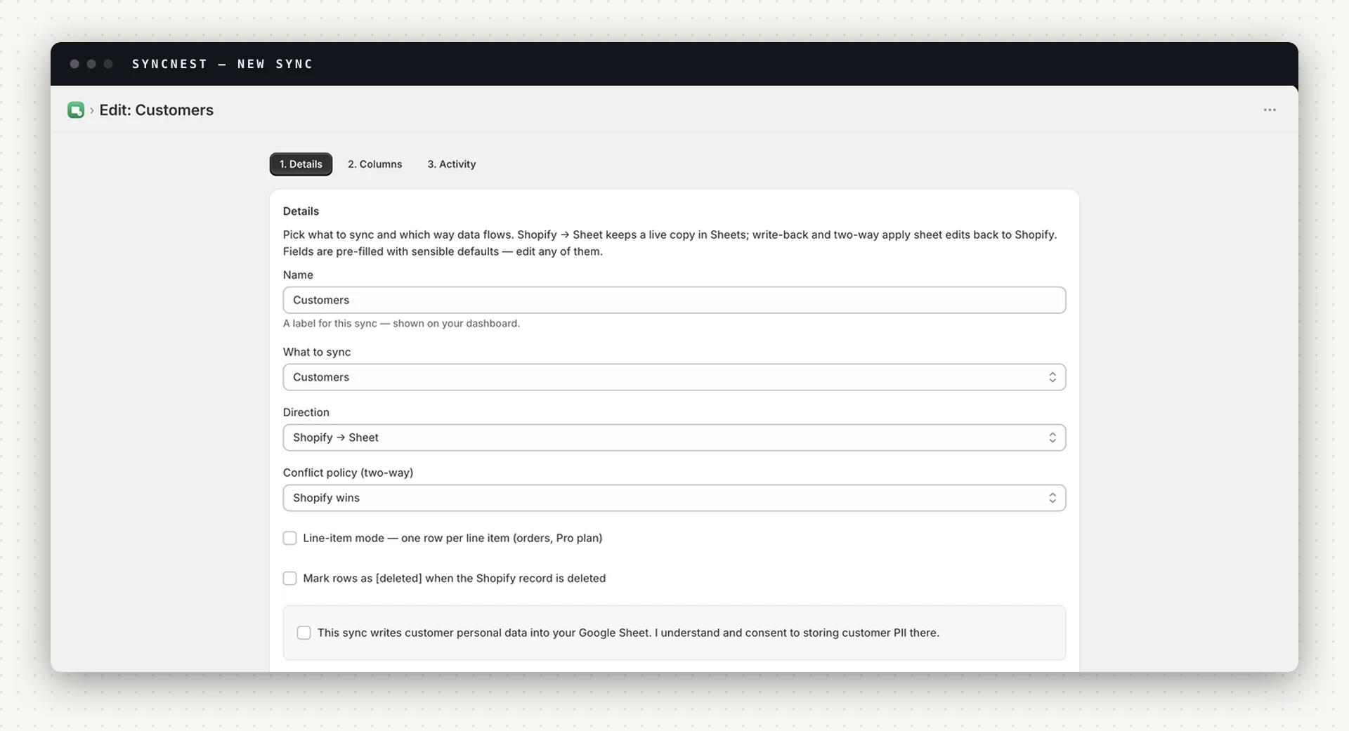 SyncNest's sync form: name, what to sync, direction, conflict policy, line-item mode, mark rows as deleted, the customer PII consent box, and tab name with an option to add a tab to the connected workbook