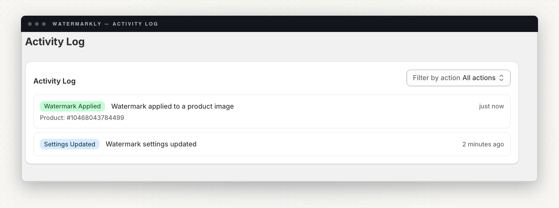 Watermarkly's activity log: a timestamped list of watermark applies, undos and automatic runs with their status