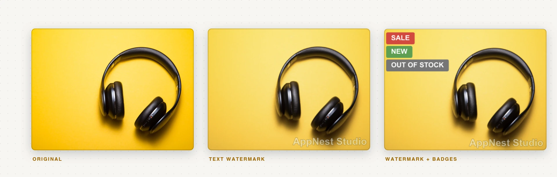 Three versions of the same product photo of headphones on a yellow background: the untouched original, the same photo with a text watermark in the bottom-right corner, and the same photo with SALE, NEW and OUT OF STOCK badges added in the top-left corner
