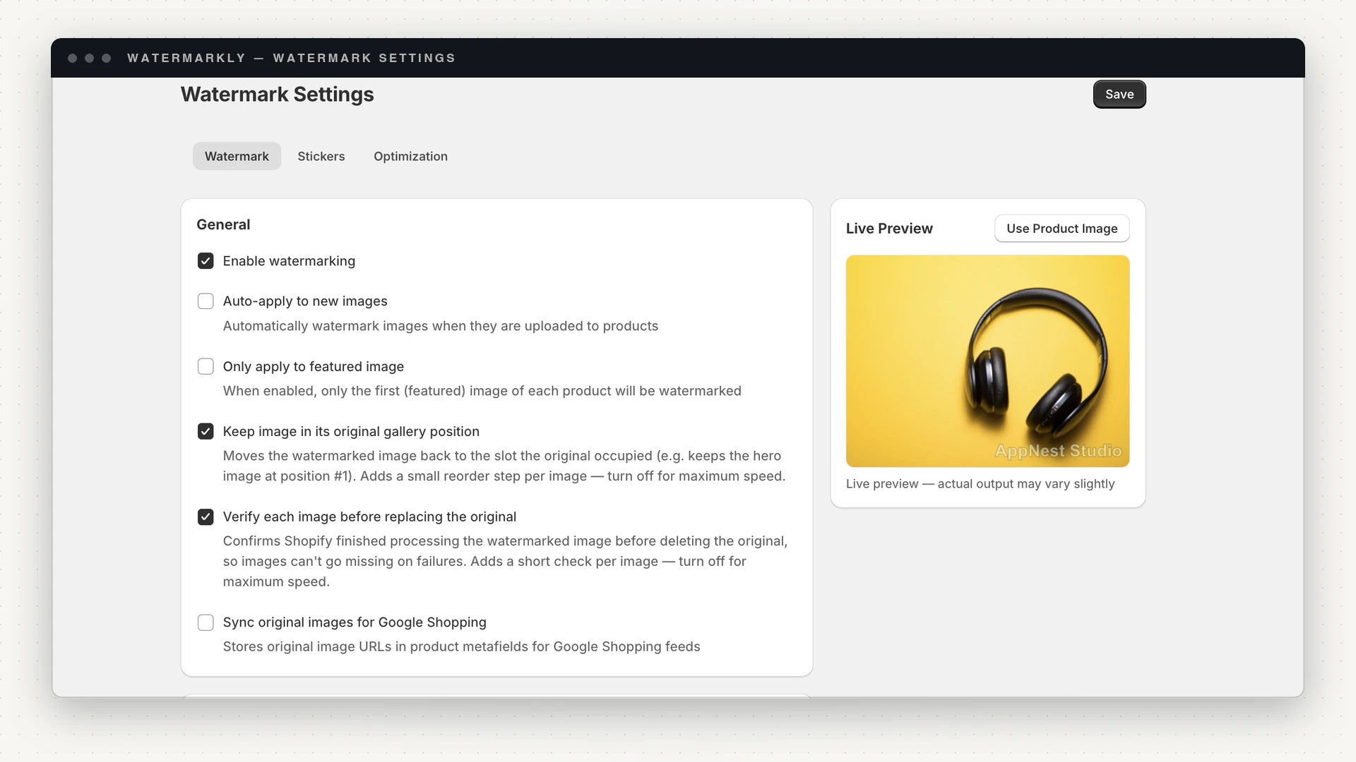 Watermarkly's Watermark Settings page: General toggles on the left, a live preview of a watermarked pair of headphones on the right